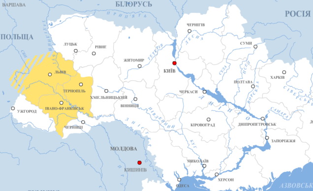 Территория исторической области Галицкая Русь  на современной карте