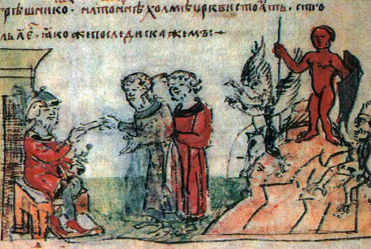 Князь Владимир в 980 году отдает распоряжения у идола Перуна (миниатюра из Радзивилловой летописи, конец XV столетия)