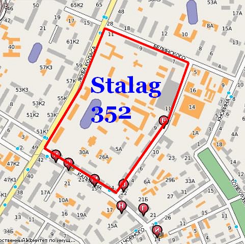 Территория отделения концлагеря ”Штaлаг-352” в районе Парка Челюскинцев, которое посетил Гимлер на карте современного Минска.