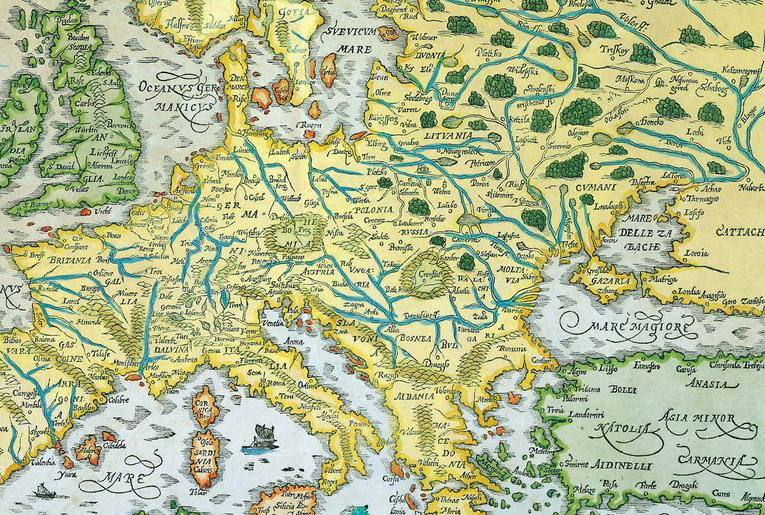 Фрагмент карты Европы, изданной в 1544 году Герхардом Меркатором (Gerhardus Mercator 1512-1594), на которой Юго-Восточнее Польши (POLONIA),  на месте современной Галичины указана Россия (RUSSIA).