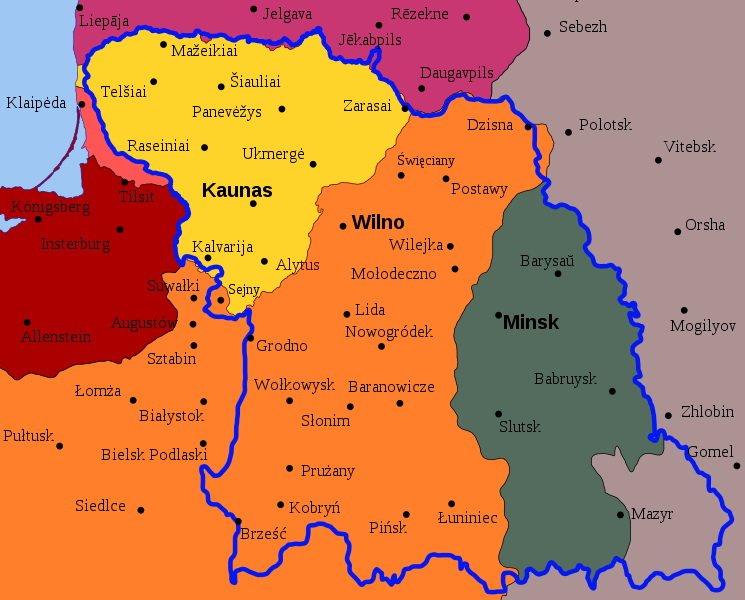 Карта  с границами 1922 года Литвы (жёлтым) Польши (оранжевым) БССР (темно-синим). Синим обозначены заявленные границы Социали-стической Советской Республики Литвы и Белоруссии – ЛитБел (1919г.).