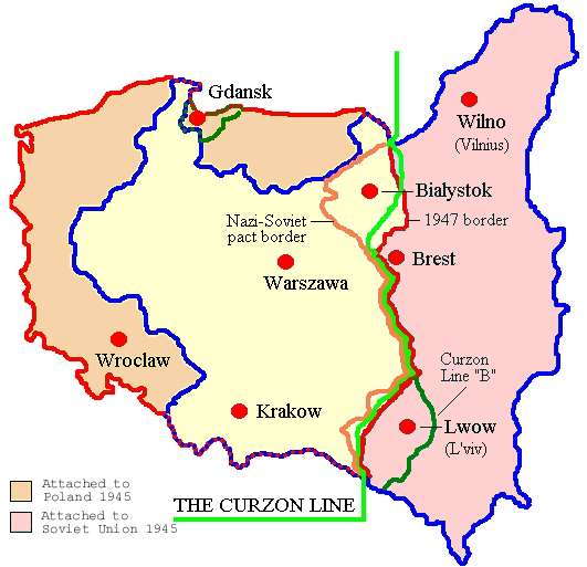 Карта Польши 1945 г. с укзанием Восточных Кресов на современной территории Украины и Республики Беларусь.