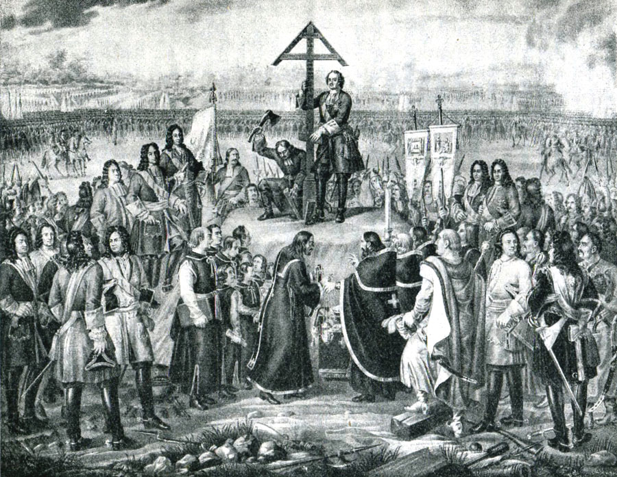 Пётр I водружает крест на месте погребения павших воинов.