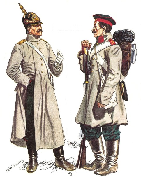 Русские пехотинцы: капитан и рядовой солдат в зимней походной форме 