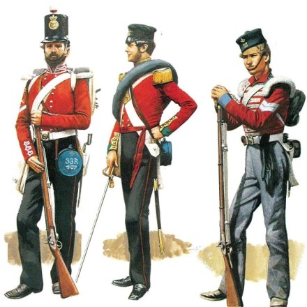Британская пехота в летней форме: сержант 33-го пехотного полка, офицер 55-го пехотного полка, капрал 97-го полка легкой пехоты 