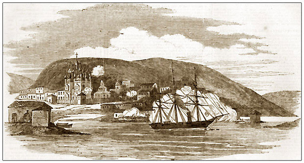 Английский винтовой пароход-фрегат «Миранда» обстреливает город Кола на Кольском полуострове.