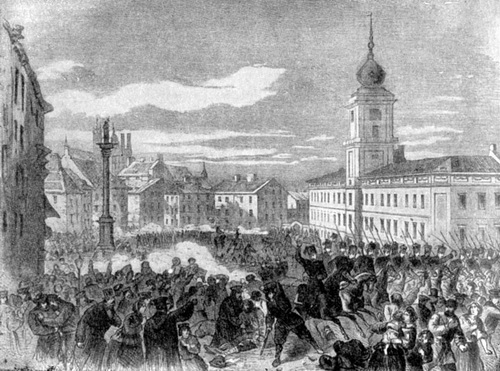 Разгон демонстрации в Варшаве 8 апреля 1861 года. гравюра 1861 г.