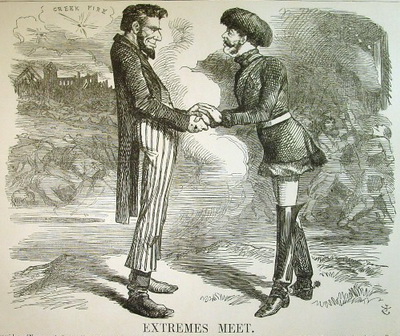 Карикатура в английской прессе на русско-американскую дружбу во время гражданской войны в США и польского мятежа в Российской империи.