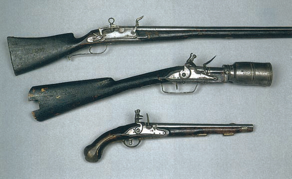 Огнестрельное оружие армии Карла XII (ружьё, мортира, пистолет) 1-я четверть XVIII века.