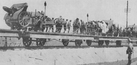Погрузка русской артиллерии на платформы по проложенной по ним узкоколейке. Первая мировая война, Северо-Западный край